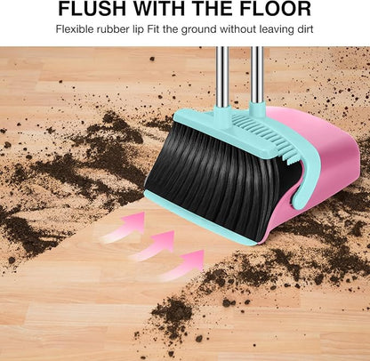 Broom and Dustpan Set, 52-in Long Adjustable Handle Broom Dustpan Combo with Dust pan Teeth to Automatically Clean Hair Suitable for Home Kitchen Office Hall Floor (Pink&Blue), 2 Pack