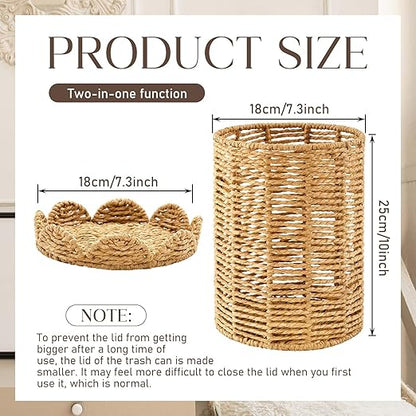 Ctosree 1.3 Gallons Small Wicker Trash Can with Lid Handle Woven Wicker Rattan Bathroom Waste Basket Boho Trash Basket with 100 Plastic Garbage Bags for Bedroom Laundry (Scalloped Style, Natural)