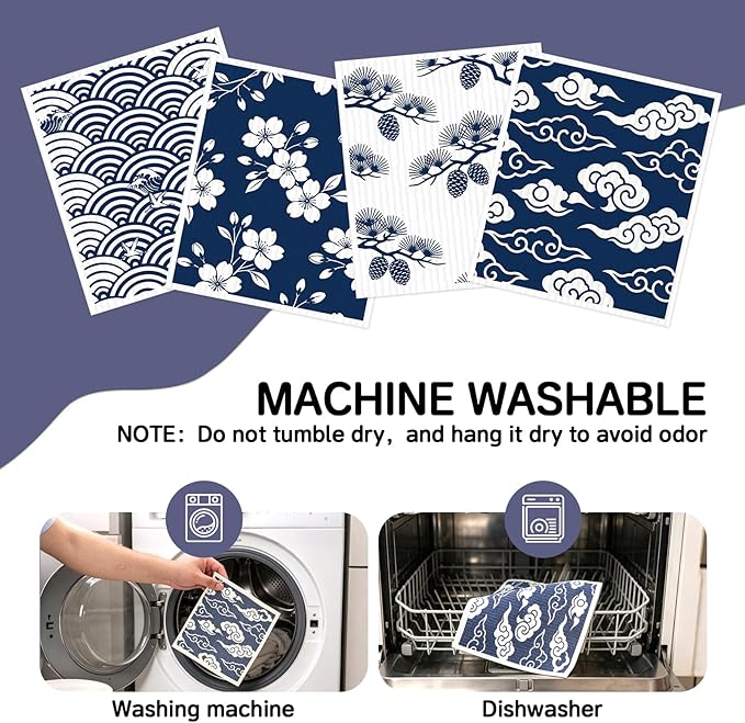 Swedish Dishcloths for Kitchen - 4 Pack Japanese Pattern Reusable Paper Towels, Non-Scratch Cellulose Cloths, No Odor, Biodegradable Cleaning Cloths