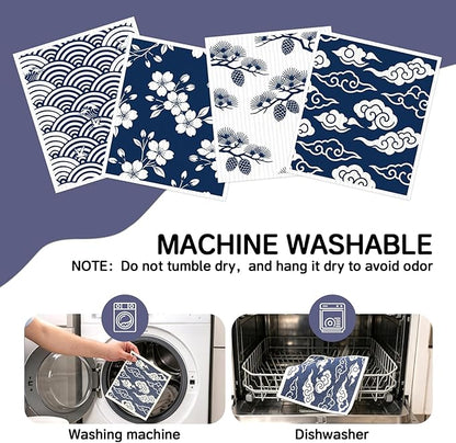 Swedish Dishcloths for Kitchen - 4 Pack Japanese Pattern Reusable Paper Towels, Non-Scratch Cellulose Cloths, No Odor, Biodegradable Cleaning Cloths