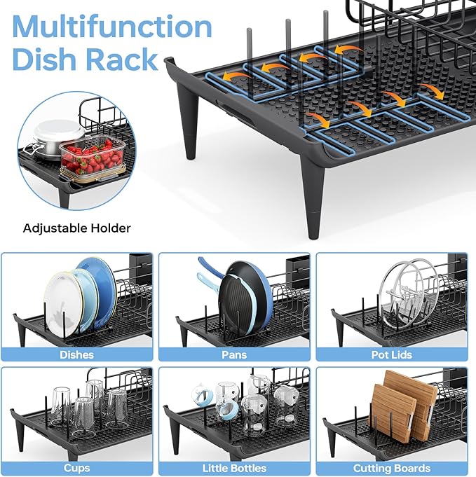 TOOLF Large Dish Drying Rack, Expandable Dish Rack for Kitchen Counter, Multifunctional Dish Drainer, Organization and Storage Essentials with Cup & Cutlery Holders, 16.7"-26.8" L x 12.6" W, Black