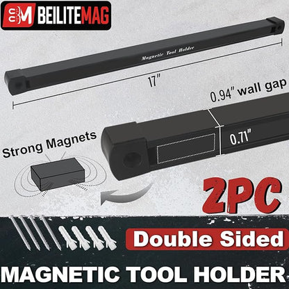 Double Sided Magnetic Tool Holder, 17 Inch Magnetic Screwdriver Holder Rack, Easy to Install Magnet Tool Organizer for Garage Storage, Workshop, Jobsite, Shed and Kitchen (2 Pack)