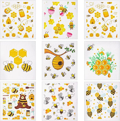 Newwiee 9 Pcs Swedish Kitchen Dishcloths Swedish Dish Towel Kitchen Washcloths Reusable Absorbent Towels Cleaning Dish Cloths for Bar Hand Washing(Bee)
