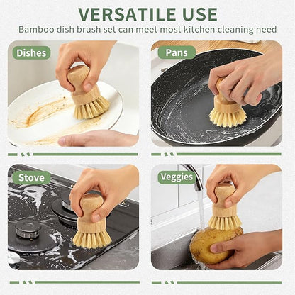 6 PCS Bamboo Dish Brush Set - Natural Scrub Brush for Dish with Tray and Drain Holder, Wooden Dish Scrubber for Kitchen Cleaning Dishes, Pots, Pans and Vegetables (6)