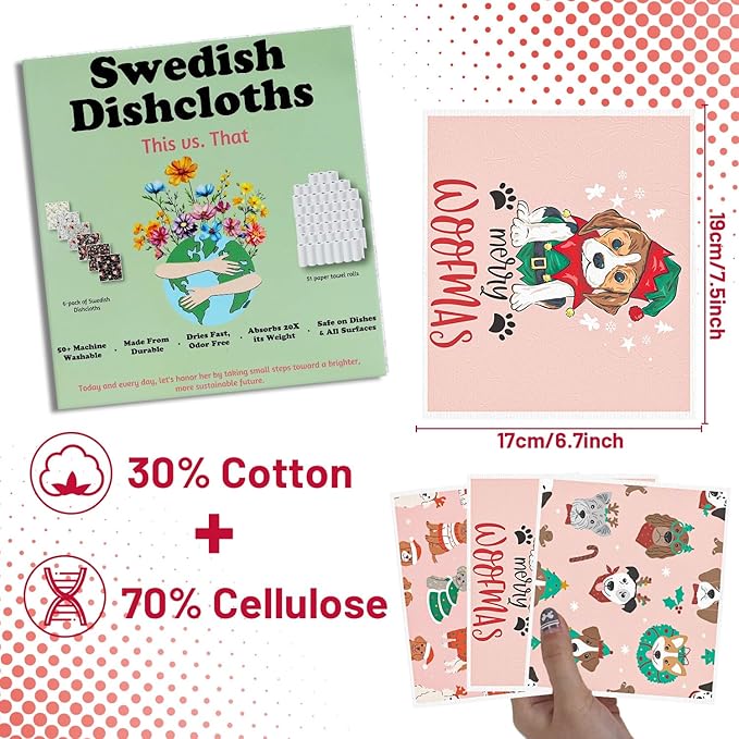 Dog Christmas Swedish Dish Cloths - 6PCS Christmas Swedish Dishcloths for Kitchen, Puppy Xmas Washing Reusable Dishes Towels, Holiday Washable Cleaning Sponge for Cleaning Quick Drying