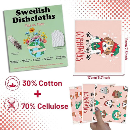 Dog Christmas Swedish Dish Cloths - 6PCS Christmas Swedish Dishcloths for Kitchen, Puppy Xmas Washing Reusable Dishes Towels, Holiday Washable Cleaning Sponge for Cleaning Quick Drying