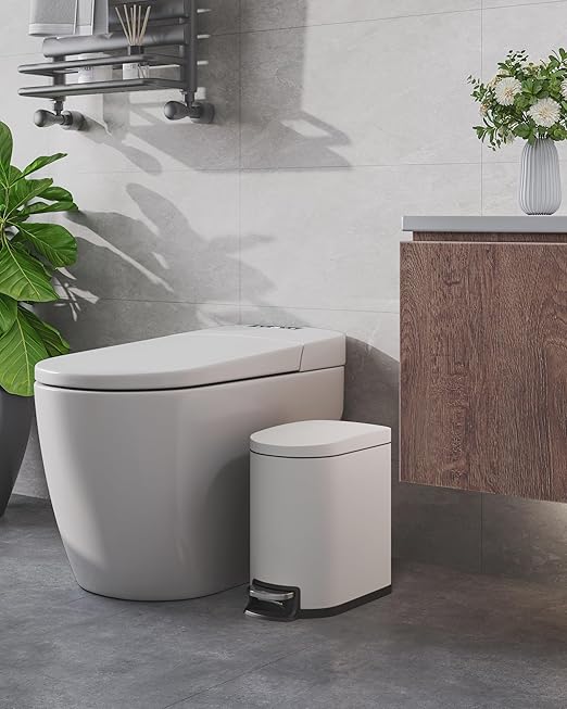 GarveeHome 1.6 Gal Step-On Trash Can, Stainless Steel Small Bathroom Garbage Bin with Soft Close Lid, Slim Space-Saving Design, Removable Inner Bucket for Bathroom, Bedroom, Office, White