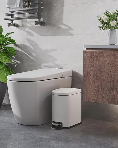 GarveeHome 1.6 Gal Step-On Trash Can, Stainless Steel Small Bathroom Garbage Bin with Soft Close Lid, Slim Space-Saving Design, Removable Inner Bucket for Bathroom, Bedroom, Office, White