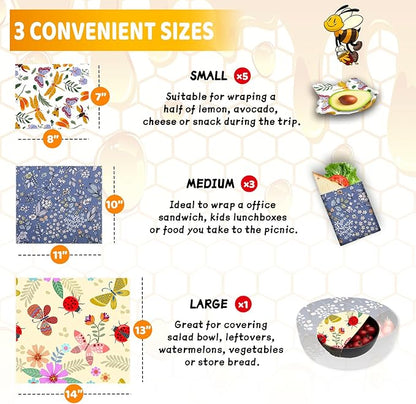 Beeswax Wrap, Beeswax Wraps For Food, Organic, Sustainable, Beeswax Food Wrap for Sandwich Storage, Reusable Beeswax Food Wrap 1L, 5M, 3S Butterfly Patterns Beeswax Paper, 9 Pack Set