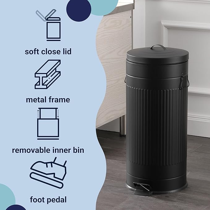 happimess HPM1018B Theo Retro 8-Gallon Step Trash Can with Soft-Close Lid and Free Mini Trash Can for Home, Kitchen, Bathroom, Living Room, Office, Charcoal Black