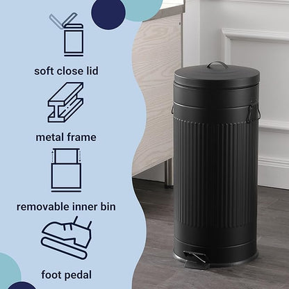 happimess HPM1018B Theo Retro 8-Gallon Step Trash Can with Soft-Close Lid and Free Mini Trash Can for Home, Kitchen, Bathroom, Living Room, Office, Charcoal Black