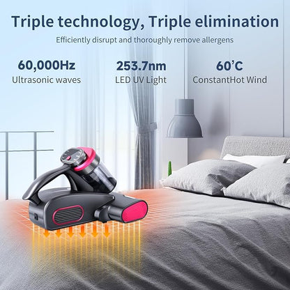 Rechargable Handheld Vacuum - Wireless Bed Vacuum Cleaner - Portable Mattress Vacuum 8.5KPa UV with High Heating Tech & Roller Brush Upgraded Double Dust Cup Widened