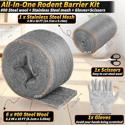 Steel Wool Mice Control, 6 Pack 3.2" x60 FT #00 Steel Wool & 1 Pack 5" x30 FT Wire Mesh, Fine Stainless Steel Wool Keep Mouse Away from Holes,Barrier and Gap Filler for Home Garden Kitchen Pipeline