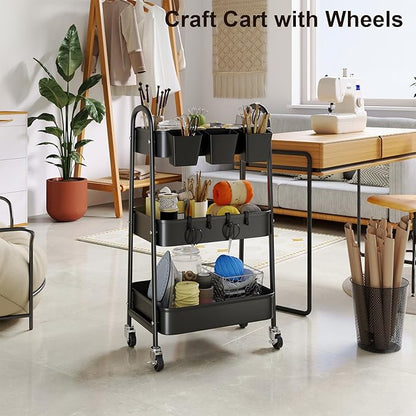 3 Tier Metal Rolling Cart with Lockable Wheels, Black Three Tiered Utility Storage Organizer Carts on Wheels for Bathroom, Kitchen, Laundry, Garage, Office, Craft, Art, Baby, Diaper Caddy, Snack, Book