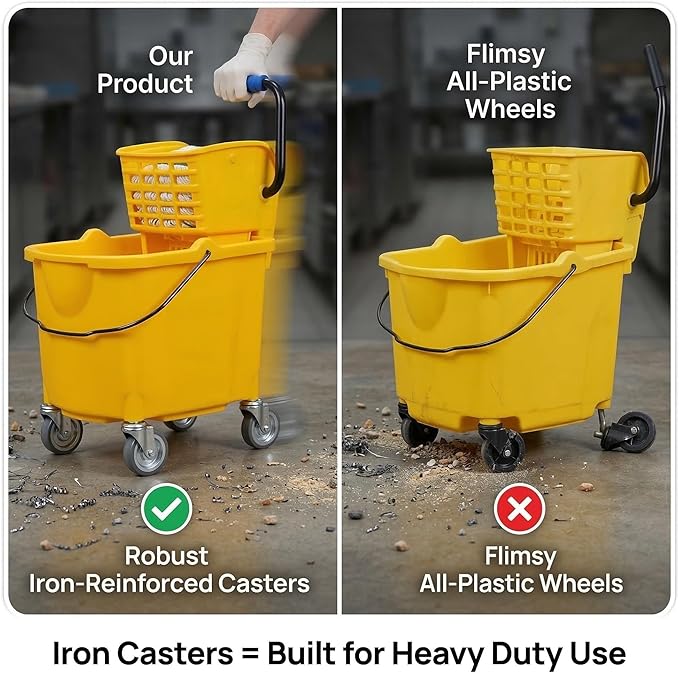 Chasesun 35 Quart Commercial Mop Bucket with Side Press Wringer on Wheels, Industrial Mop and Bucket Set with Loop-End Mop Head, Gloves and Microfiber Cloth, Heavy Duty Yellow Janitorial Cleaning Cart
