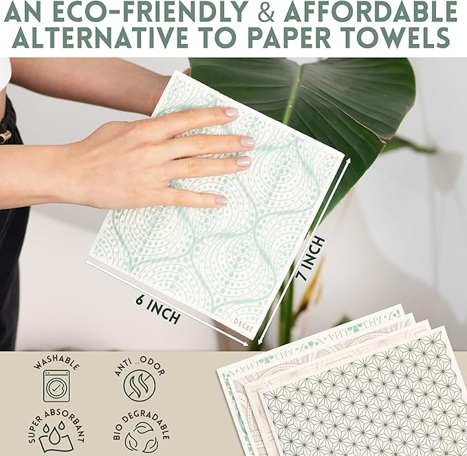 DECEE Swedish dishcloths (Pottery) 5-Pack, Reusable, Washable Cellulose Cotton Kitchen Cloths,Replace Paper Towels, Sponges, Dish Rags