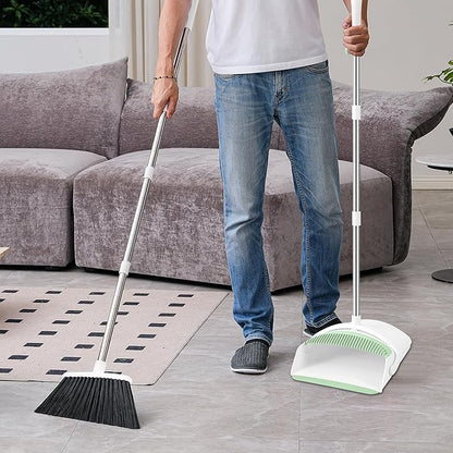 BSKLIN Broom and Dustpan Set, Broom with Dustpan Combo Set with Teeth to Clean Pet Hair 52-in Long Adjustable Handle Broom for Home Office Kitchen Lobb (Green)