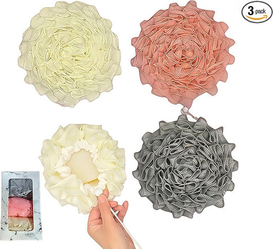 3-Pack Bath Loofah Set with Dual-Sided Shower Puff - Includes Soap Pocket, Hanging Rope, and Gift Box - Loofah for Women and Men - Shower Sponge for Body with Rich Lather（ Beige & Pink & Gray ）