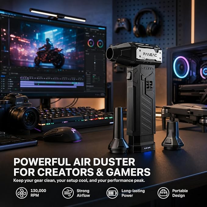 Electric Air Duster - 2 x Battey Pack Swappable, 150,000 RPM Compressed Air Blower, 3-Speed Cordless Air Duster for PC Cleaning, Canned Air Replacement with Fast Charging