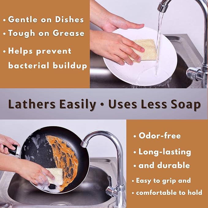 Loofah Sponge for Dishes – 2-in-1 Natural Dish Sponges, Pack of 4, Made with Loofah & Cellulose, Plastic-Free, Biodegradable, Fast-Drying, Non-Scratch & Hygienic