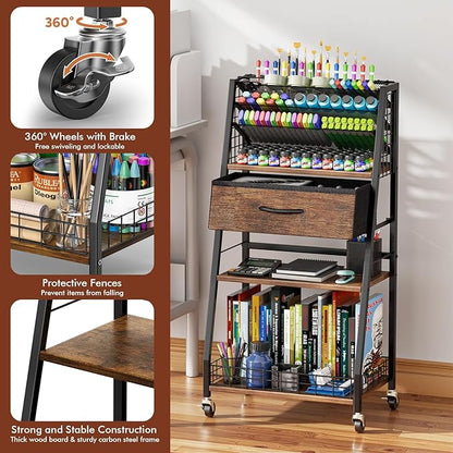 Housolution 3 Tier Rolling Cart with Drawer, Utility Cart with Lockable Wheels, Multi-Functional Arts and Crafts Organizer Storage for Brushes & Paints & Artifacts, Ideal for Home Office Studio