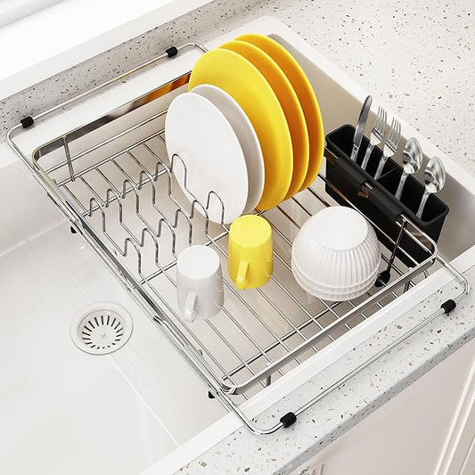 In Sink Dish Drying Rack, Expandable Over The Sink Dish Rack for Small Kitchen, Space Saving Stainless Steel Dish Drainer with Utensil Holder, 14.1"-21.2" L x 11"W, Small Plate Dryer Strainer, Silver