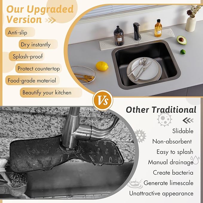 20'' Wider New Upgrade Faucet Mat for Kitchen Sink with U-Shape Hole, Super Fast Drying Diatomite Stone Mat, Sink Splash Guard Draining Mat Around Faucet for Island Countertops, Ash Grey