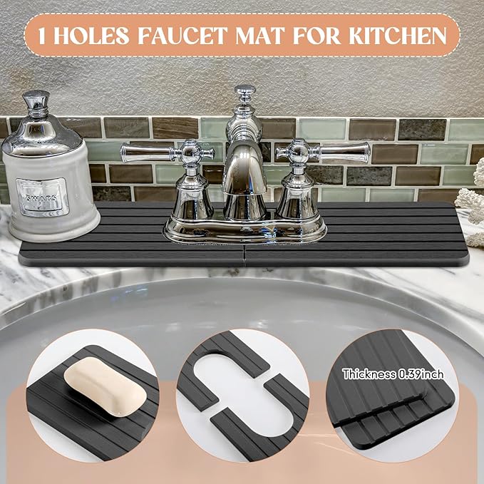 Teenyyou an Oval Hole Gray Faucet Mat for Kitchen Sink Bathroom 17.32" x 4.6" Kitchen Faucet Absorbent Mat Diatomite Splash Guard Quick Drying Stone Drip Catcher Hole 6.22 " x 2.28"