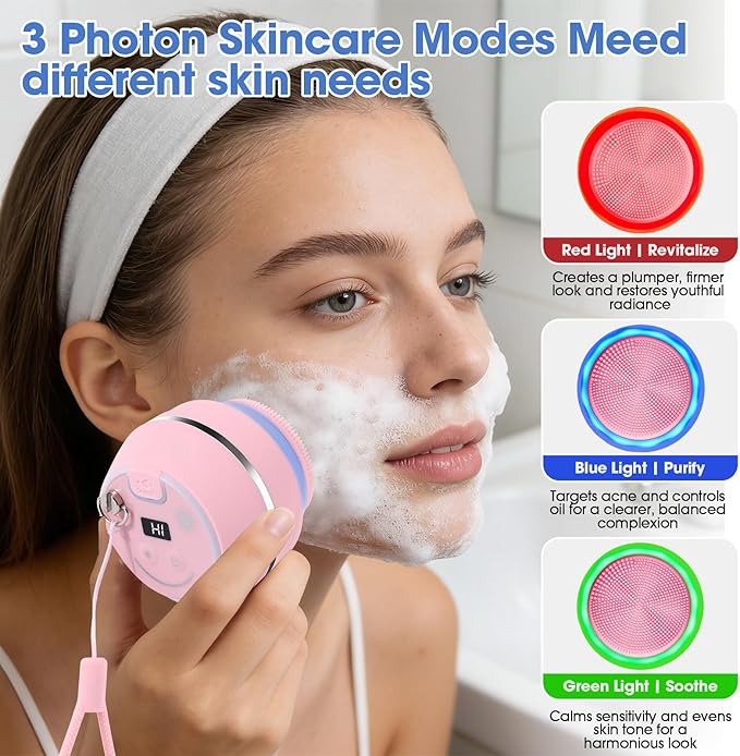 Electric Facial Cleaner with 6 Modes & 3 Light Effects, Rechargeable Waterproof Face Scrubber for Women and Men, Includes Extra Brush Head, Easy-Clean Hanging Design (Pink)