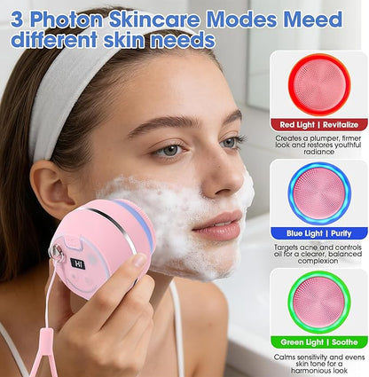 Electric Facial Cleaner with 6 Modes & 3 Light Effects, Rechargeable Waterproof Face Scrubber for Women and Men, Includes Extra Brush Head, Easy-Clean Hanging Design (Pink)
