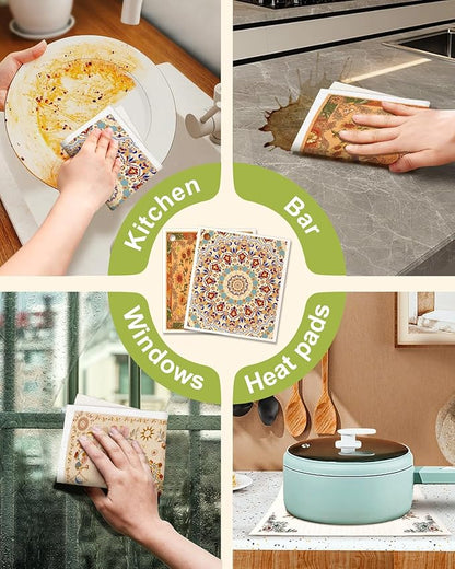 Miss Adola 6 Pack Swedish Dishcloths for Kitchen - Reusable Dish Cloths for Washing Dishes Absorbent Cute Funny Kitchen Towels Cleaning Sponge, Bohemi