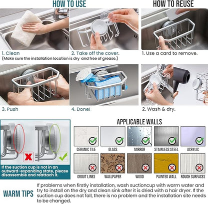 TAILI Sink Caddy with Strong Suction Cup, Sponge Holder for Kitchen Sink Organizer, Removable Sponge Caddy Inside Sink, Rustproof Aluminum Holder for Sponges, Brushes - Silver