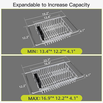 Expandable Stainless Steel Dish Drying Rack Over The Sink For Small Kitchen, Counter Space Saving Compact Metal Plate Drainer Strainer, Adjustable Hanging Inside Sink Rust Proof Wire Dryer Holder