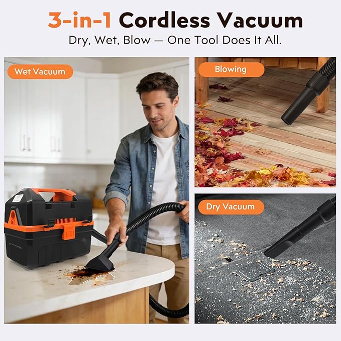 LIGO 20V Cordless Shop Vac Wet and Dry, 2.64 Gallon, Handheld, 3 in 1 with Blowing Includes 4.0 Ah Battery, Rewashable HEPA, Foam Filters and Charger for Workshop, Home, Pet