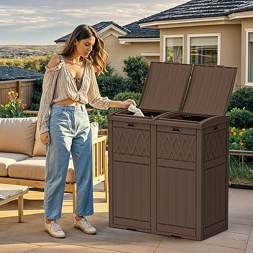 YITAHOME 76 Gallon Dual Compartment Outdoor Trash Can, Resin-Based with Layered Lid and Drip Tray, Waterproof Garbage Bin Brown