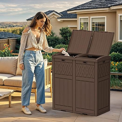 YITAHOME 76 Gallon Dual Compartment Outdoor Trash Can, Resin-Based with Layered Lid and Drip Tray, Waterproof Garbage Bin Brown