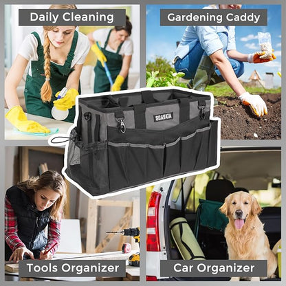 SCAVATA Wearable Cleaning Caddy Bag, Cleaning Caddy Supplies Organizer with Handle & Shoulder Straps for Housekeepers, Under Sink & Car Cleaning Tool Organizers with 4 Foldable Divider (DarkGrey)
