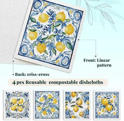 Swedish Dishcloths for Kitchen, Papaya Reusable Paper Towels Washable, Summer Lemon Vintage Floral Swedish DishCloths for Friut, 4 Pack Dish Towels for Kitchen, No Odor Cleaning Cloths