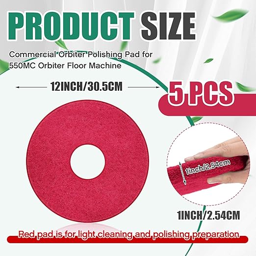 Teenyyou 5 Pcs 12" Cleaning Orbiter Pads Commercial Floor Buffer Pads Hardwood Floor Maintenance Scrubber Polisher Cleaning and Stripping for Orbiter Machine (Red)