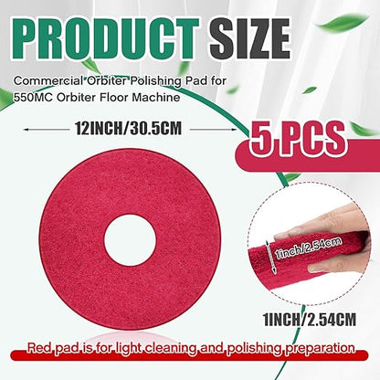 Teenyyou 5 Pcs 12" Cleaning Orbiter Pads Commercial Floor Buffer Pads Hardwood Floor Maintenance Scrubber Polisher Cleaning and Stripping for Orbiter Machine (Red)