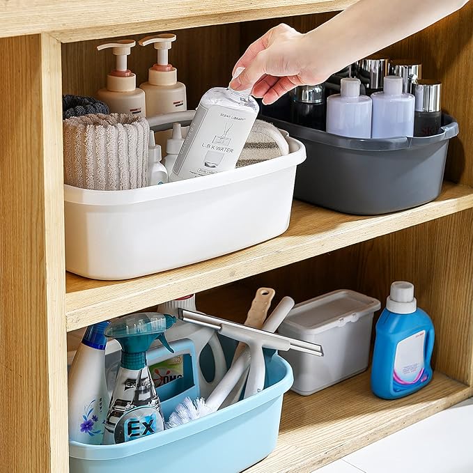 Goderewild 2 Pack Multi-Purpose Plastic Cleaning Caddy with Handle, Shower Caddy Organizer/Storage Basket/Totes Portable for Bathroom Supplies, Cleaning Products, Under Sink Tool, Housekeepers(White2)