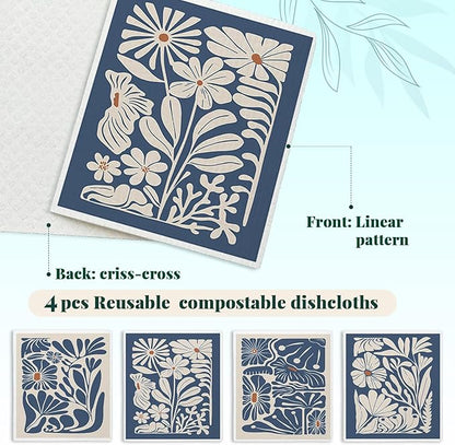 Spring Flower Swedish Dishcloths for Kitchen, Boho Navy Blue Swedish Dish Cleaning Cloths for Floral, 4 Pack Dish Towels for Kitchen, Papaya Reusable Paper Towels Washable