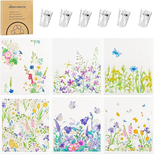 Needbrock 6 Pack Spring Floral Swedish Dishcloths for Kitchen, Absorbent Dish Cloths Swedish Rags Dish Towels with Adhesive Clips, Reusable Paper Towels No Odor for Cleaning Sink Kitchen