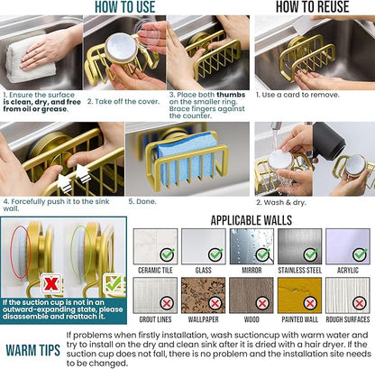 TAILI Sink Caddy with Strong Suction Cup, Sponge Holder for Kitchen Sink Oganizer, Removable Rustproof Aluminum Sponge Holder, Dish Brush for Scraper - Gold