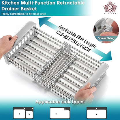 Sink Dish Drying Rack, Stainless Steel Drainer for 12.5"-20.5" Sinks, Kitchen Countertop Organizer for Dishes, Vegetables, and Fruits (Grey & Large Size)