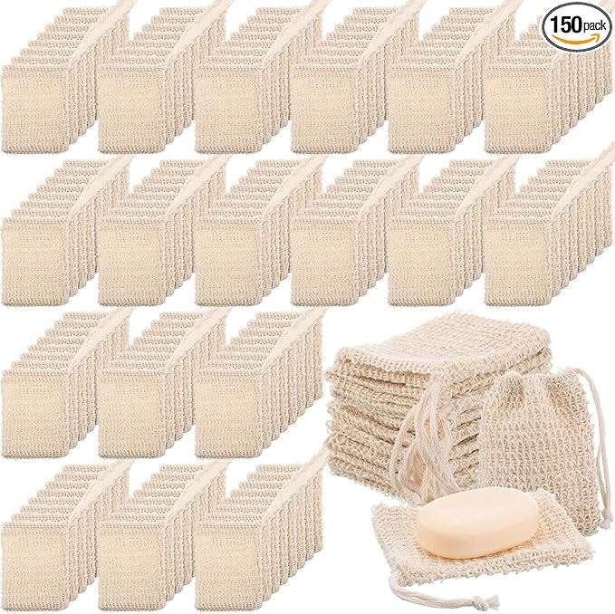 Rtteri 150 Pcs Soap Exfoliating Bag, Natural Sisal Soap Pouch Saver Body Shower Bar Mesh Body Net with Drawstring for Foaming and Drying