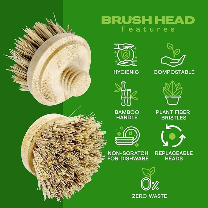 JuneLily Sisal & Coconut Dish Brush Heads Plant-Based Replacement for Washing Dishes Kitchen Bathroom (Coconut Brush Head)