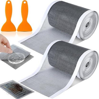 2 Pack 4 Inch x 33 ft Linear Shower Drain Hair Catcher Screen Disposable Adhesive Cutable Mesh Shower Drain Cover Stickers for Linear DIY Floor with Removal Tool for Bathroom Kitchen Bathtub
