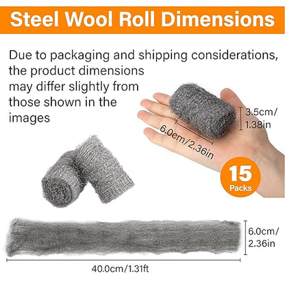 Bulk Steel Wool Roll Kit, Steel Wool 0000 15pcs, Gap Blocker, 0000 Steel Wool Keep Mice Away from Holes/Siding/Pipeline/Vents in Garden, House, 15 Pack × 1.6FT