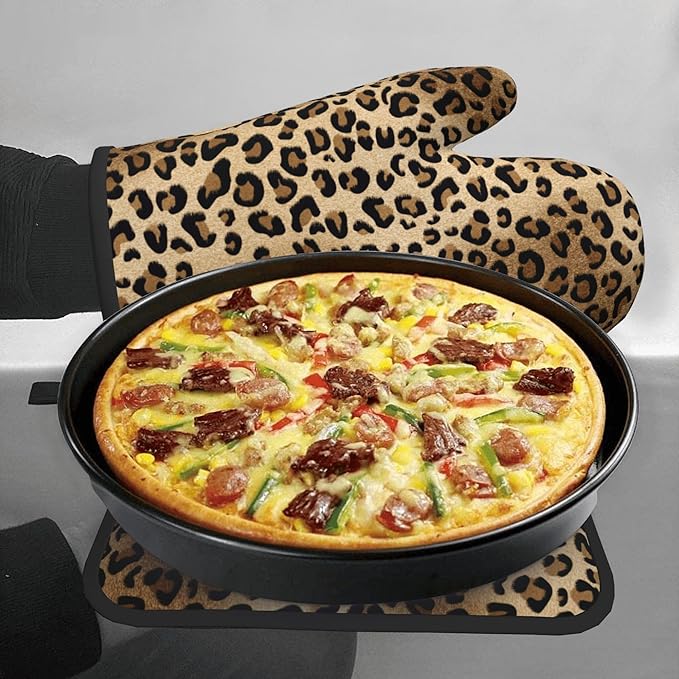 Leopard Print Oven Mitts - Brown Oven Mitts and Pot Holders Sets of 2 Animal Print Kitchen Mitts Hot Pads for Baking Grilling